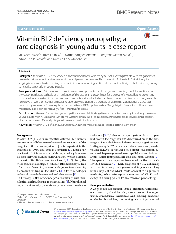 (PDF) Vitamin B12 deficiency neuropathy; a rare diagnosis in young