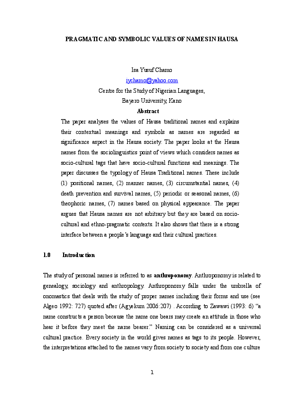 (DOC) PRAGMATIC AND SYMBOLIC VALUES OF NAMES IN HAUSA Isa Yusuf Chamo