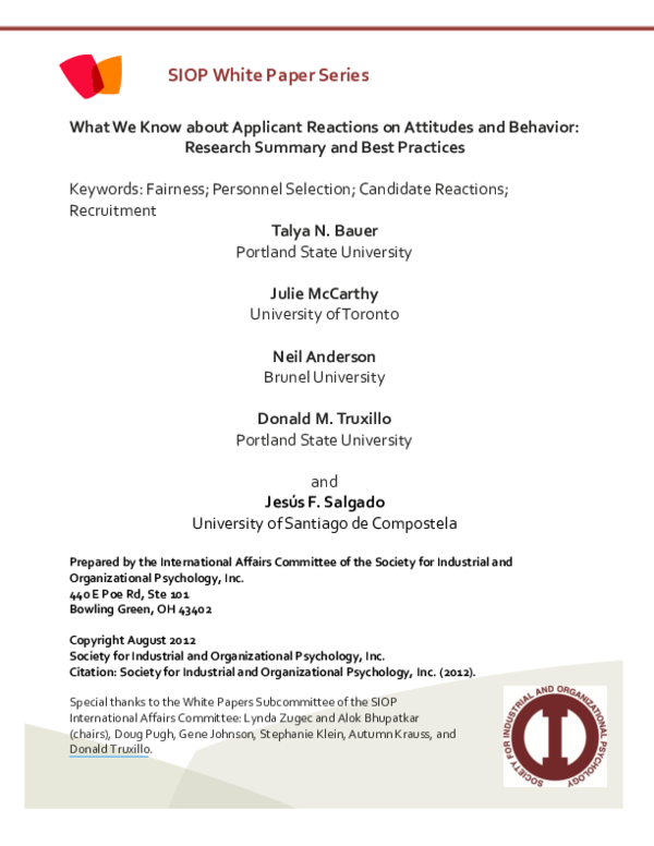 (PDF) Candidate Reactions to Selection. SIOP International Affairs ...