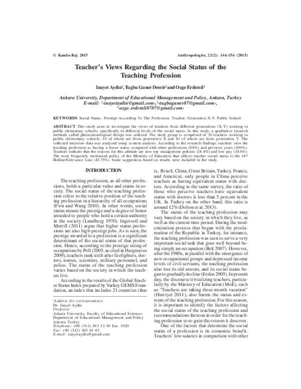 (PDF) Teacher's Views Regarding the Social Status of the Teaching