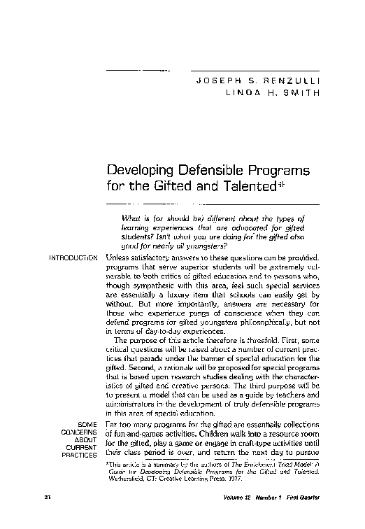 (PDF) Developing Defensible Programs for the Gifted and Talented*