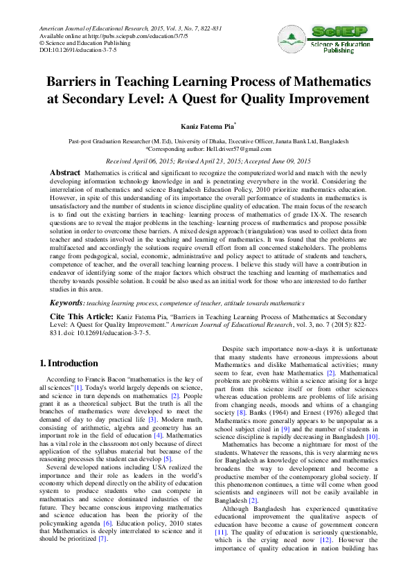 (PDF) Barriers in Teaching Learning Process of Mathematics at Secondary ...