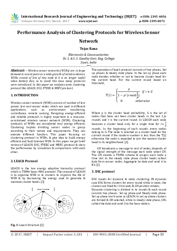 (PDF) Performance Analysis of Clustering Protocols for Wireless Sensor ...