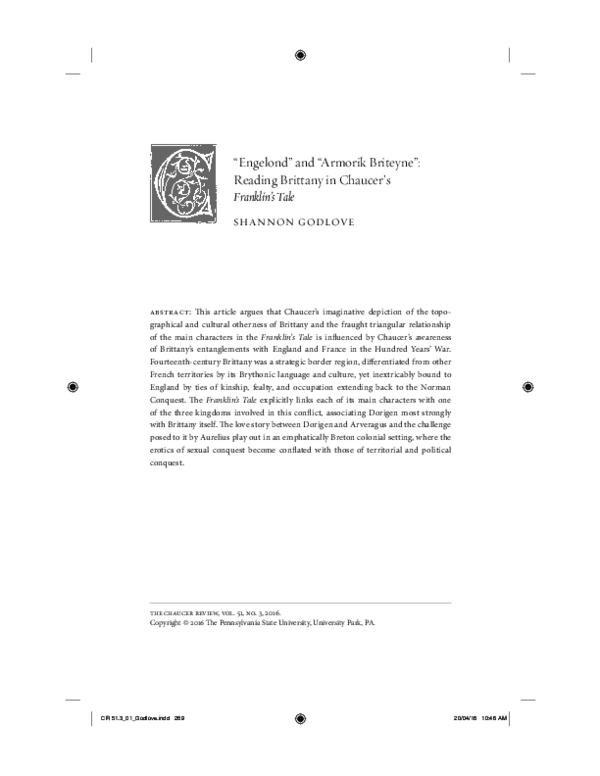 “Engelond and Armorik Briteyne: Reading Brittany in Chaucer’s Franklin’s Tale.” Chaucer Review 51.3 (2016): 271-293