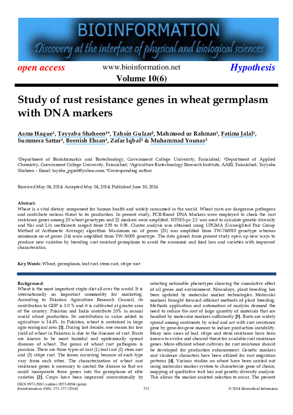 (PDF) Study of rust resistance genes in wheat germplasm with DNA markers