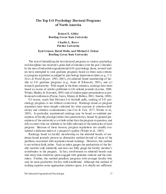 (PDF) The Top IO Psychology Doctoral Programs of North America Robert