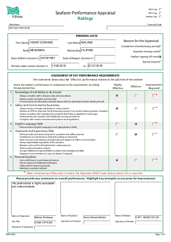 (PDF) Seafarer Performance Appraisal Ratings Date of Report (DD/MM/YY