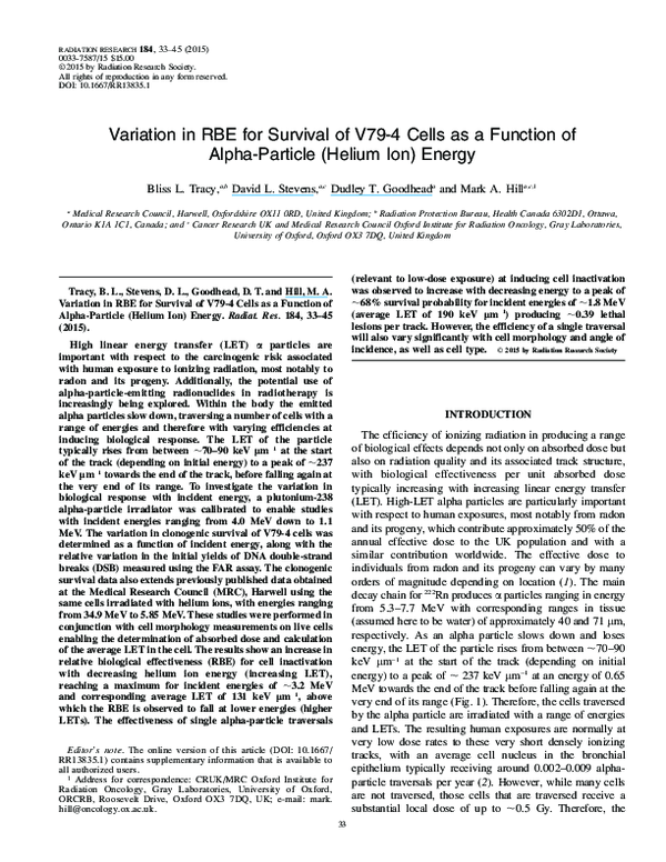 (PDF) Variation in RBE for Survival of V79-4 Cells as a Function of ...