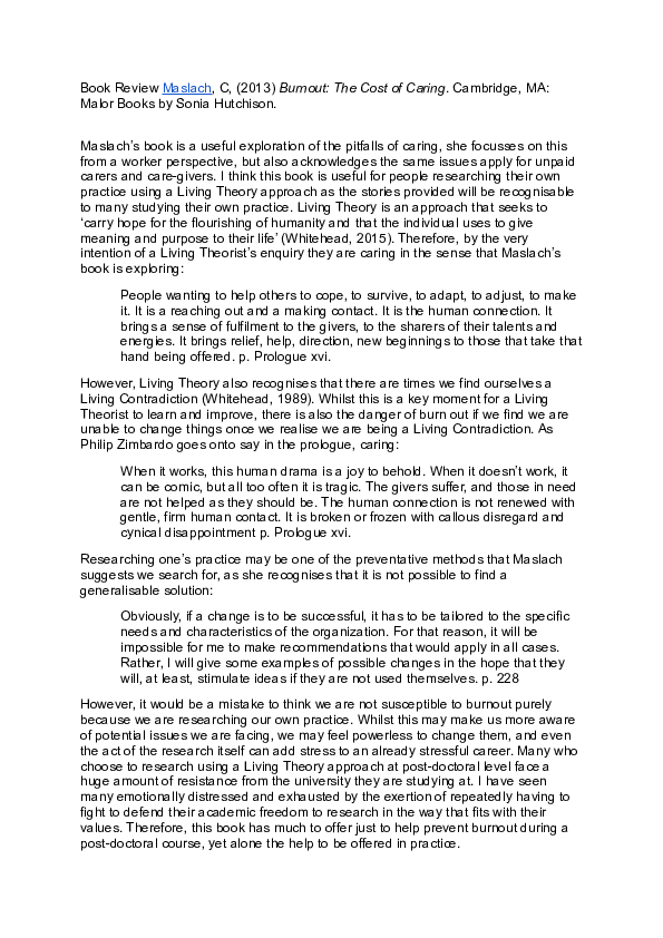 (DOC) Book Review Maslach, Burnout The Cost of Caring. Sonia