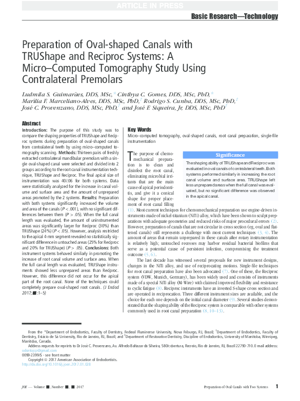 (PDF) Preparation of Oval-shaped Canals with TRUShape and Reciproc ...