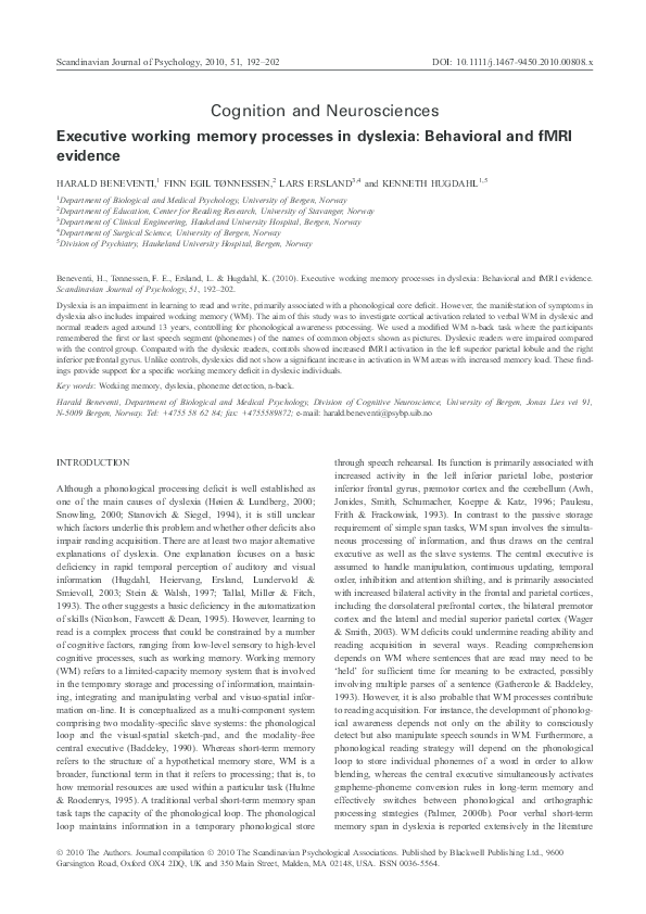 (PDF) Executive working memory processes in dyslexia: Behavioral and ...
