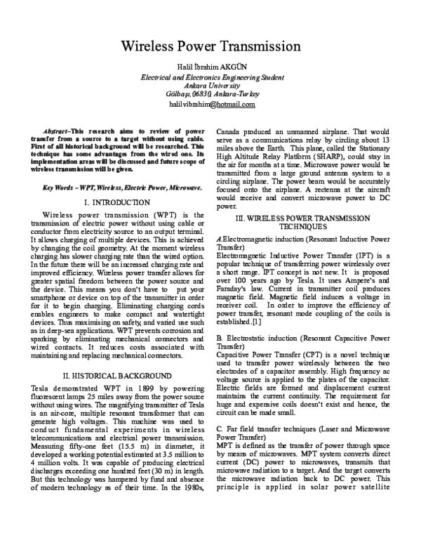(PDF) Wireless Power Transmission Halil İbrahim Akgün Academia.edu