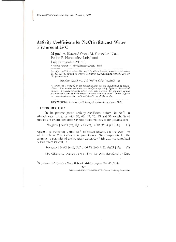 (PDF) Activity Coefficients for NaCl in Ethanol-Water Mixtures at 25°C