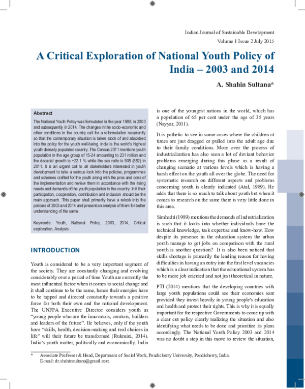(PDF) A Critical Exploration of National Youth Policy of India – 2003