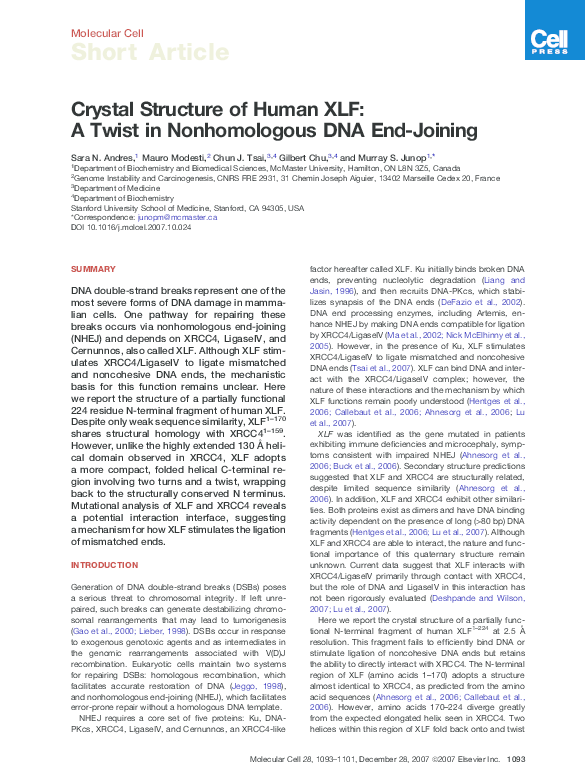 (PDF) Crystal structure of human XLF: A twist in nonhomologous DNA end ...