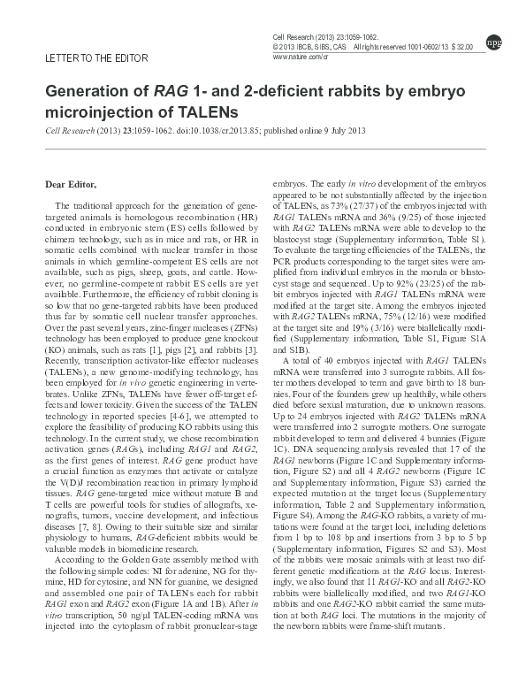 (PDF) Generation of RAG 1- and 2-deficient rabbits by embryo ...