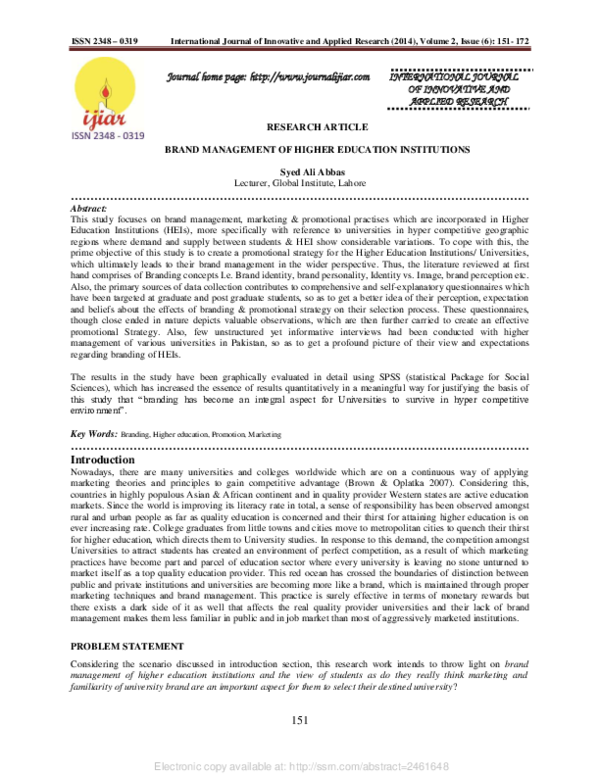(PDF) Brand Management of Higher Education Institutions