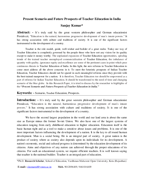 (PDF) Present Scenario and Future Prospects of Teacher Education in India