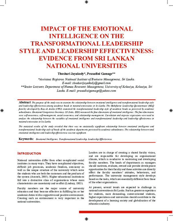 (PDF) Impact of the emotIonal IntellIgence on the transformatIonal ...