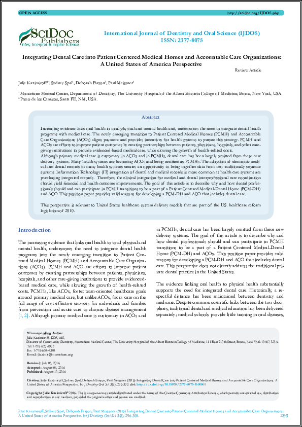 (PDF) Integrating Dental Care into Patient Centered Medical Homes and Accountable Care