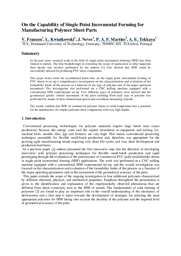 (PDF) On the Capability of Single Point Incremental Forming for ...