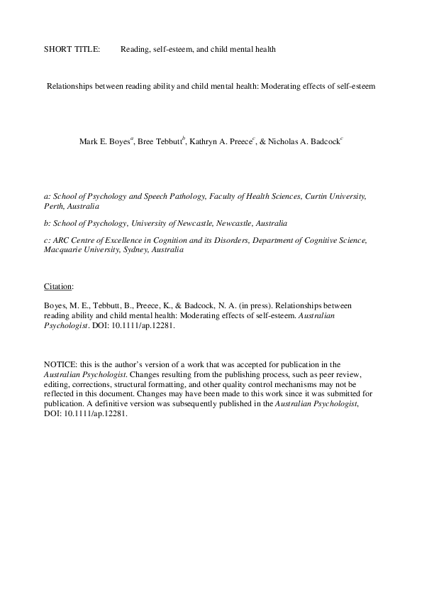 (PDF) Relationships between reading ability and child mental health ...