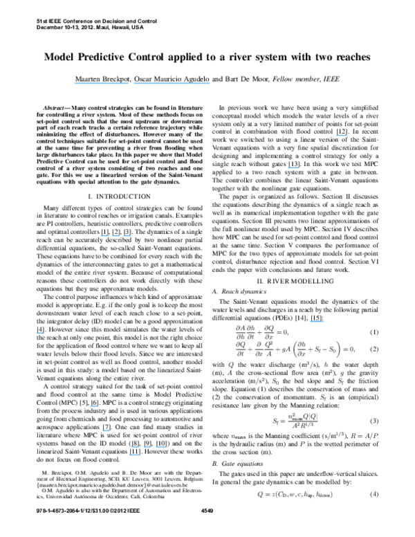 (PDF) Model Predictive Control applied to a river system with two reaches