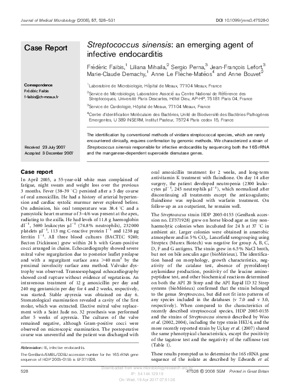 (PDF) Streptococcus sinensis: an emerging agent of infective endocarditis