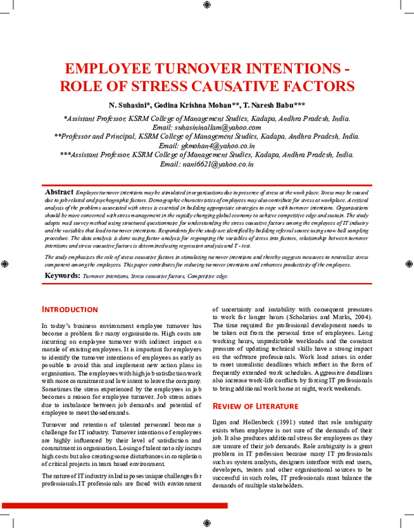 PDF) Employee Turnover Intentions - Role of Stress Causative