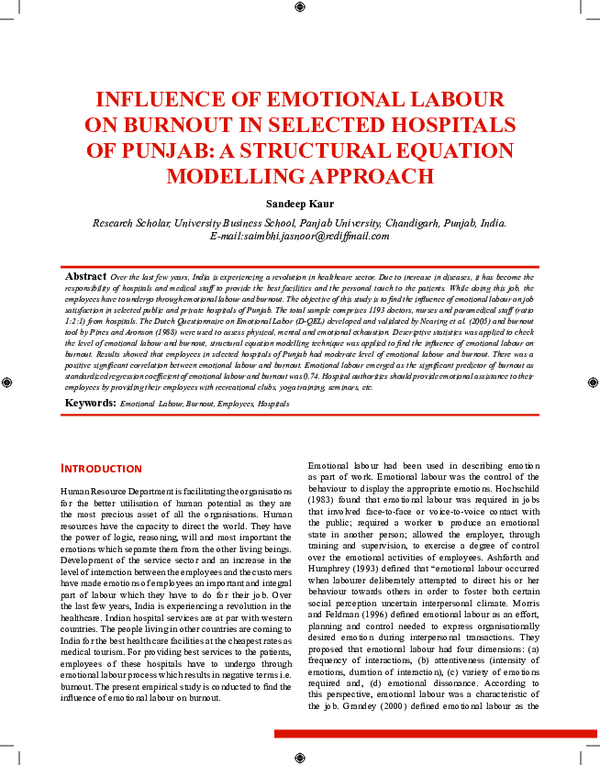(PDF) Influence of Emotional Labour on Burnout in Selected Hospitals of ...