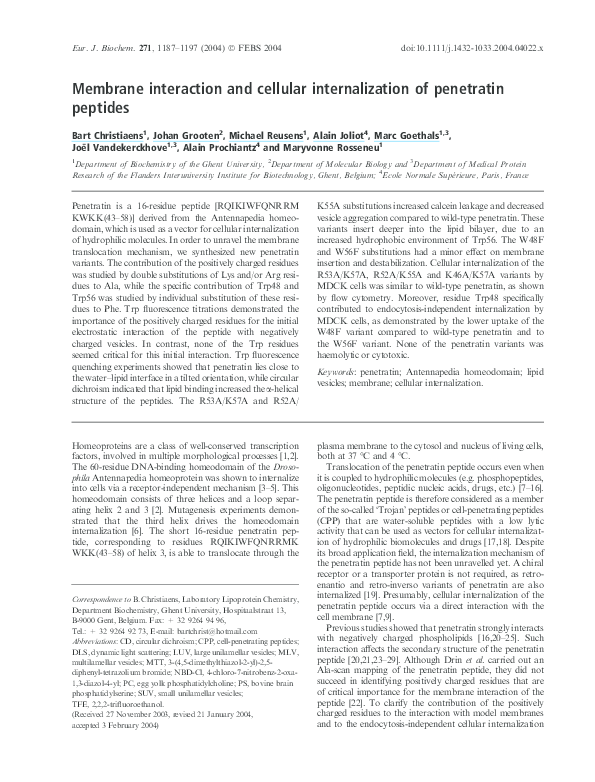 (PDF) Membrane interaction and cellular internalization of penetratin ...