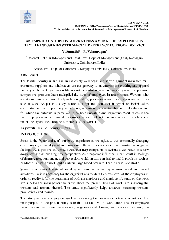 (PDF) AN EMPRICAL STUDY ON WORK STRESS AMONG THE EMPLOYEES IN TEXTILE ...