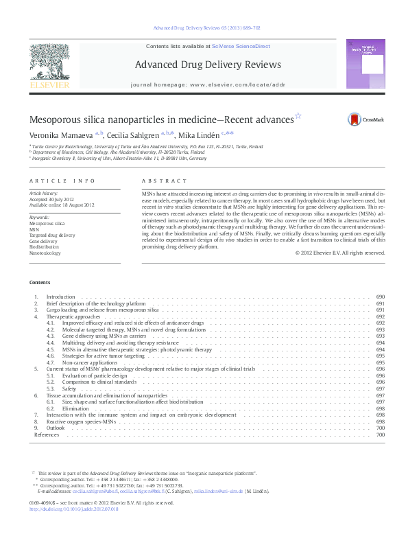 (PDF) Mesoporous silica nanoparticles in medicine—Recent advances