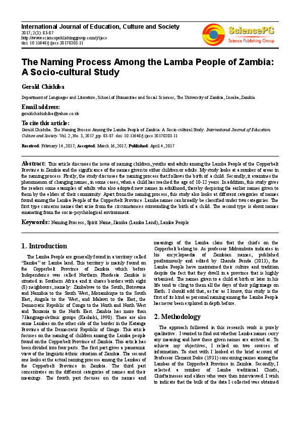 (PDF) The Naming Process Among the Lamba People of Zambia: A Socio ...