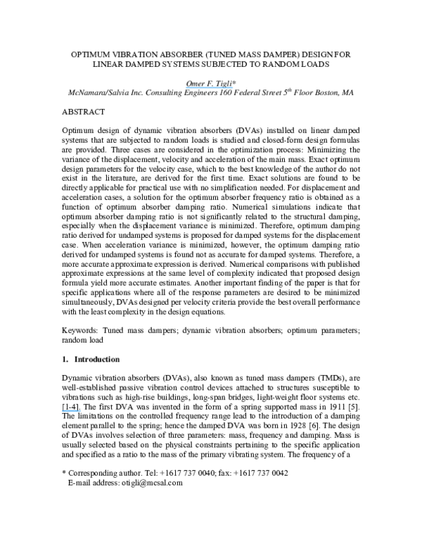 (PDF) Design Criteria of Tuned Mass Damper Systems to Control