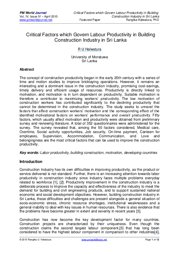 (PDF) Construction Industry in Sri Lanka Critical Factors which Govern