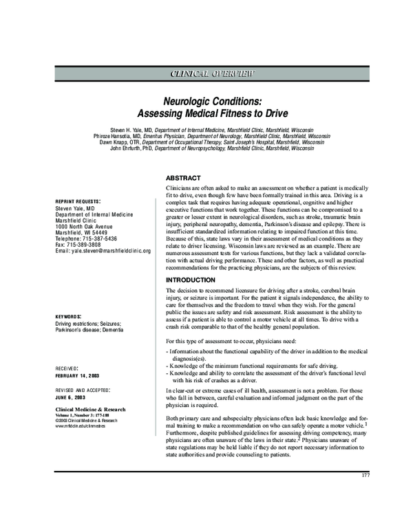 (PDF) Neurologic Conditions Assessing Medical Fitness to Drive P
