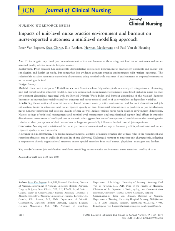 (PDF) Impacts of unit-level nurse practice environment and burnout on ...