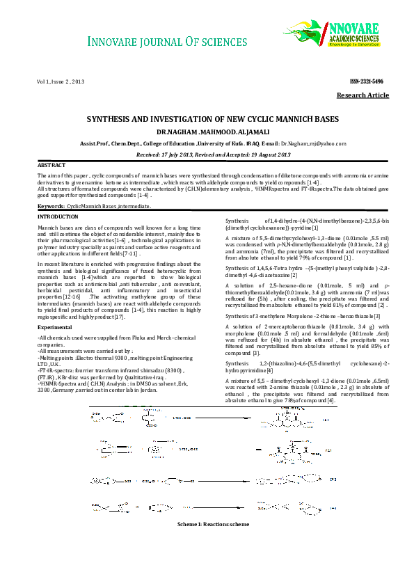 (PDF) Synthesis and Invistigation of New Cyclicmannich Bases