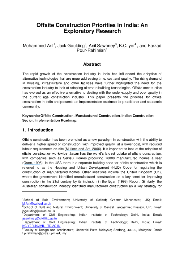 (PDF) Offsite Construction Priorities In India: An Exploratory Research