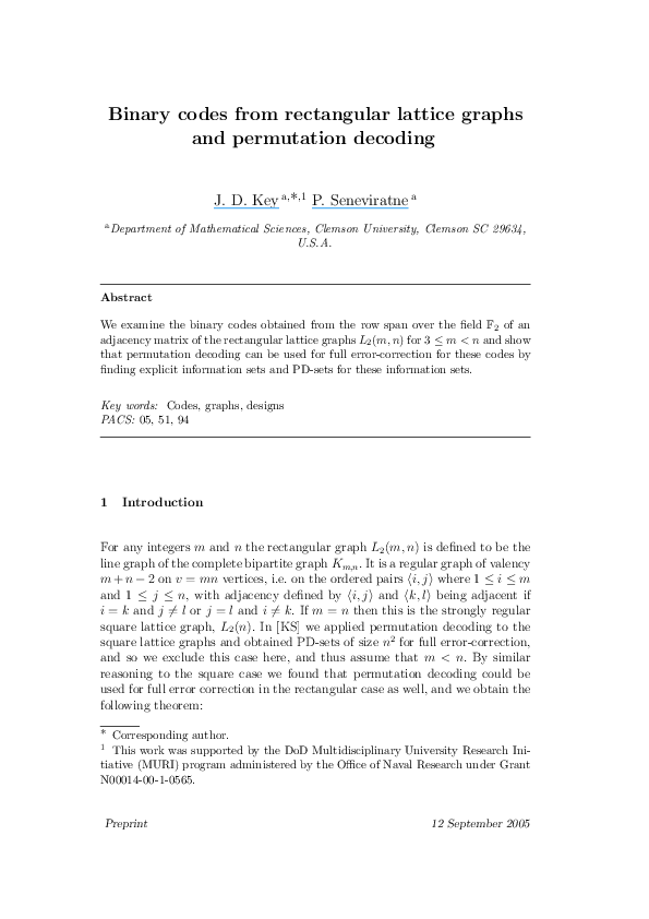 (PDF) Binary codes from rectangular lattice graphs and permutation decoding