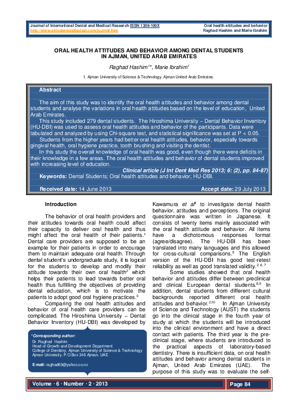 (PDF) ORAL HEALTH ATTITUDES AND BEHAVIOR AMONG DENTAL STUDENTS IN AJMAN ...