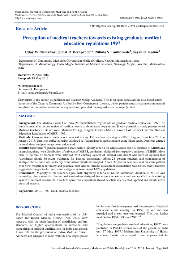 (PDF) Perception of medical teachers towards existing graduate medical ...