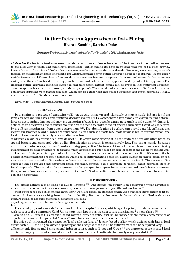 (PDF) Outlier Detection Approaches in Data Mining IRJET Journal
