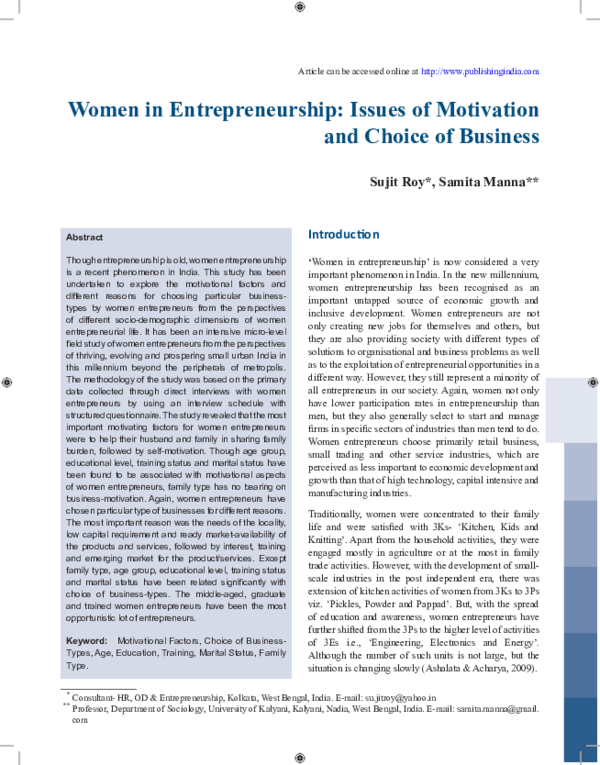 (PDF) Women in Entrepreneurship: Issues of Motivation and Choice of ...