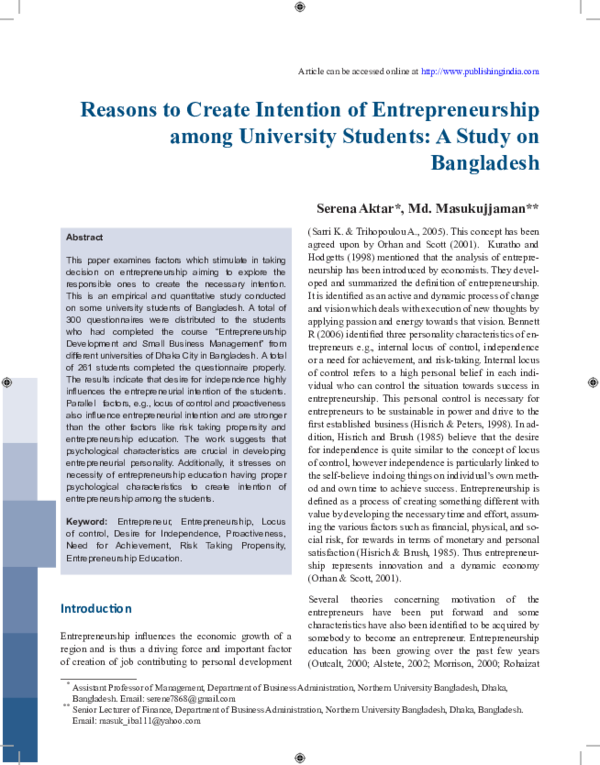 (PDF) Reasons to Create Intention of Entrepreneurship Among University ...