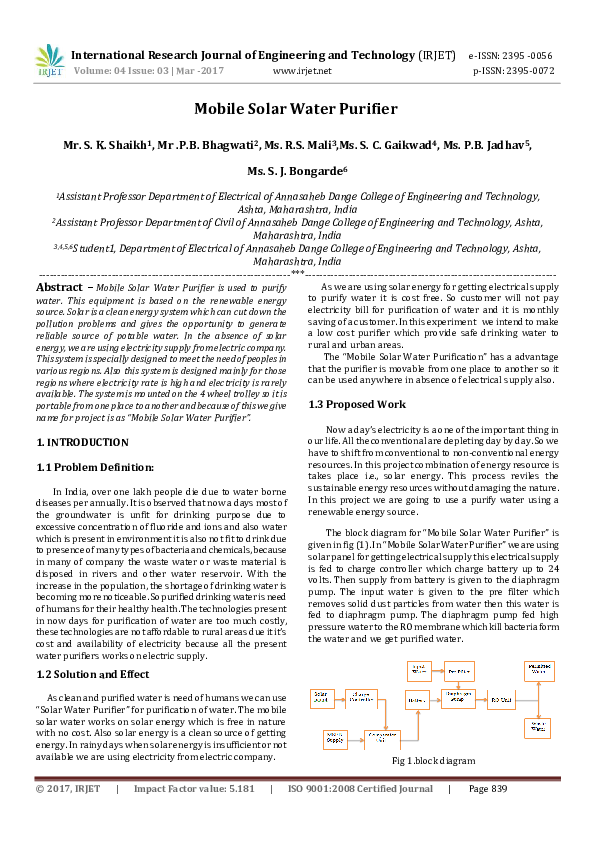(PDF) Mobile Solar Water Purifier IRJET Journal Academia.edu