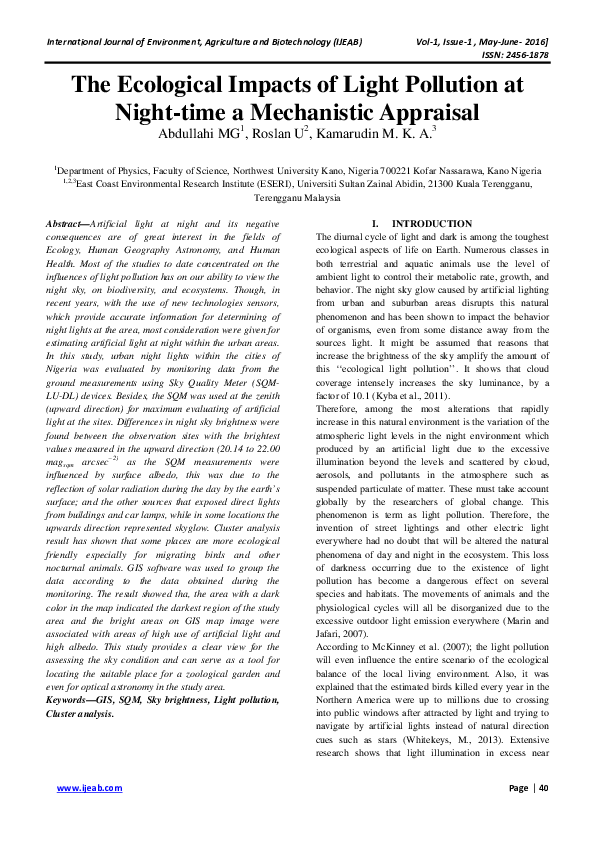(PDF) The Ecological Impacts of Light Pollution at Nighttime a Mechanistic Appraisal musa