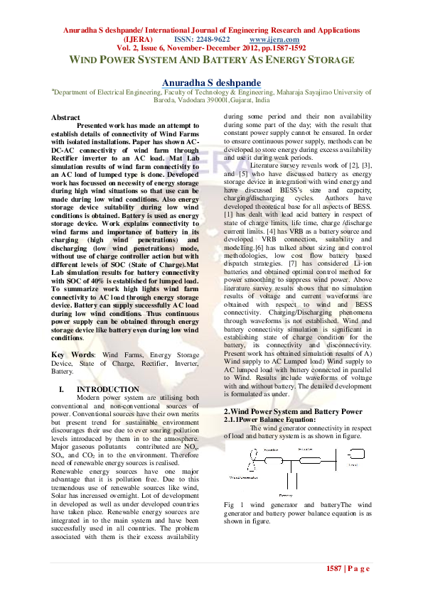 (PDF) Wind Power System and Battery as Energy Storage