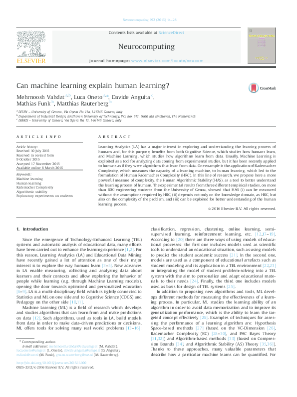 (PDF) Can machine learning explain human learning